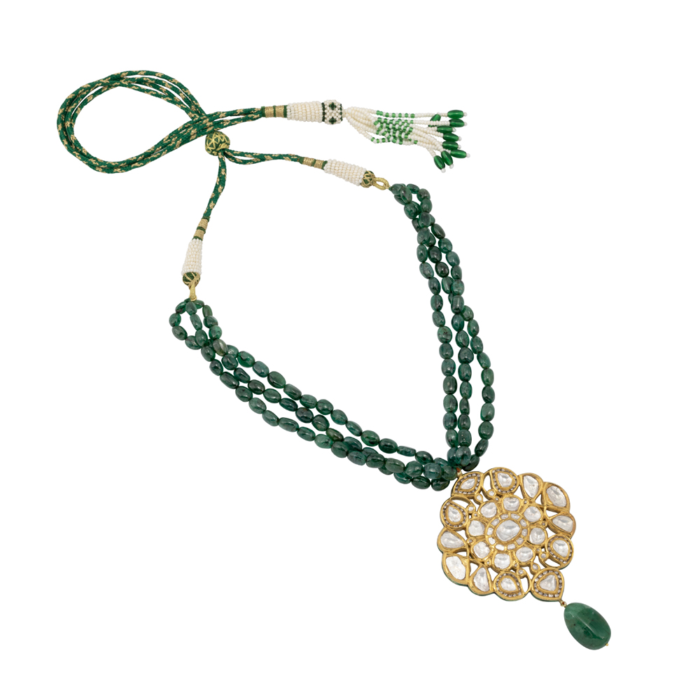 Three-Strand Zambian Emerald Necklace with Polki Pendant
